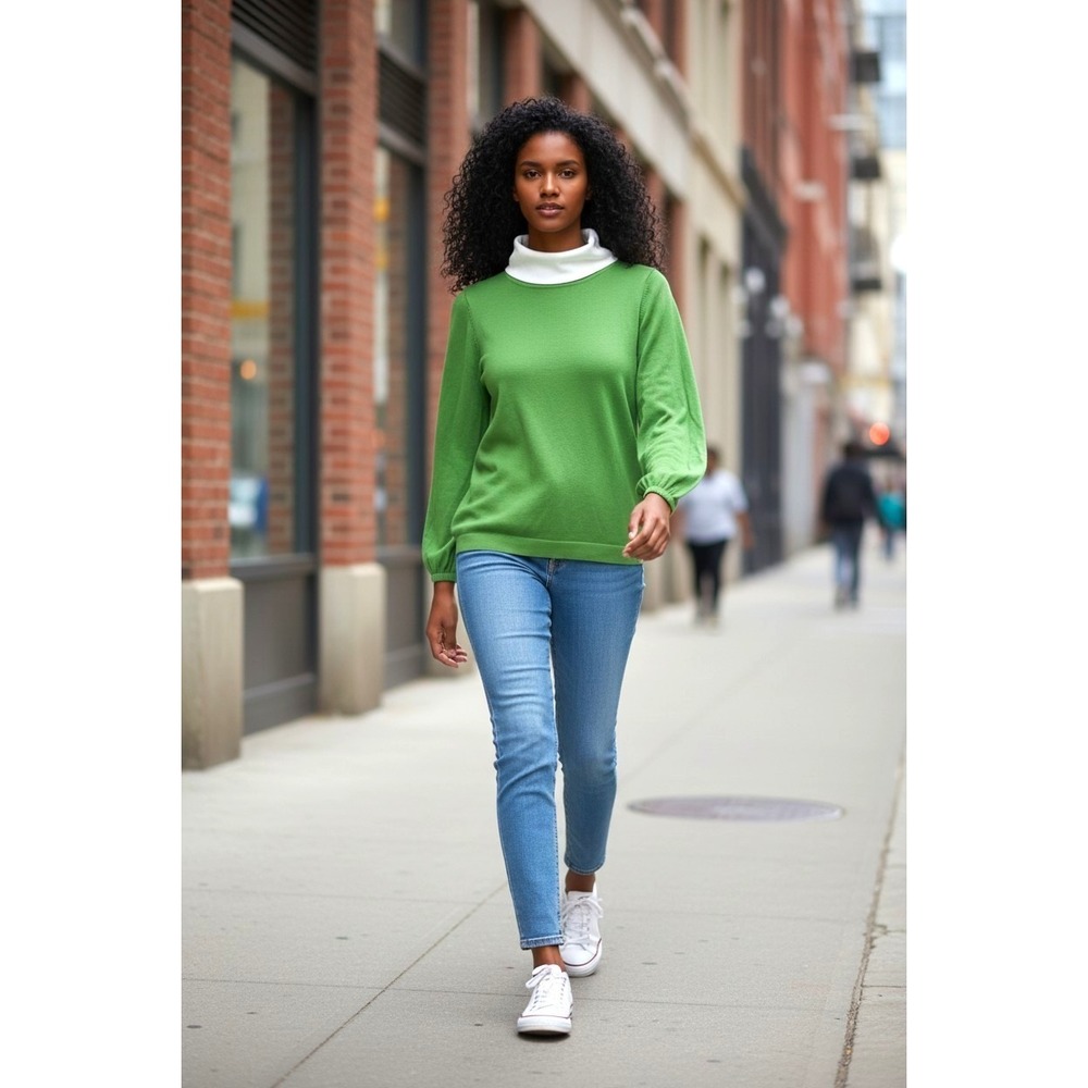 (K-291) Stacy London Mock Neck Sweater Green White Long Sleeve Size S QVC NWT